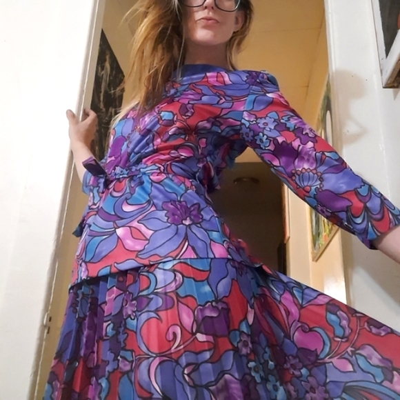 Vintage 80's psychedelic peplum blouse & skirt set - Picture 1 of 14